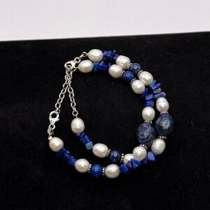 Ross-Simons Lapis Lazuli & Natural Pearl Sterling Silver Bracelets 9" (Set of 2)